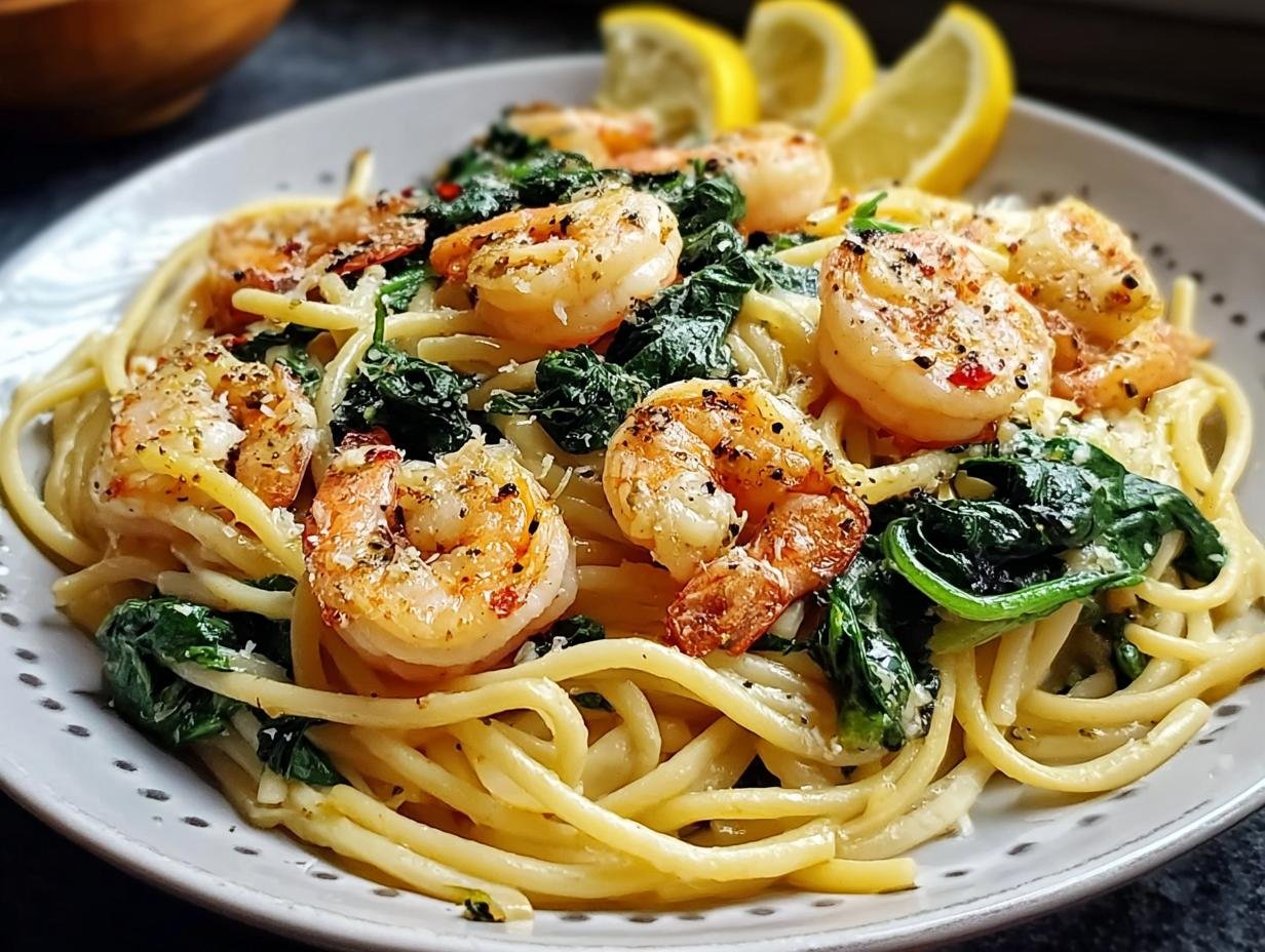 Einfach Knoblauch Garnelen Pasta: 4x Smaakvol - close-up van de pasta met garnalen en spinazie