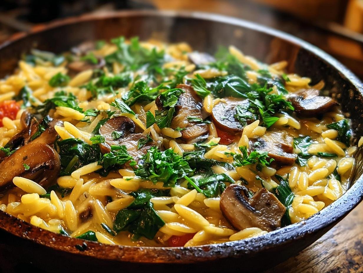 Einfaches One Pot Creamy: Heerlijke 10-Minuten Maaltijd - Een romige orzo met champignons en spinazie