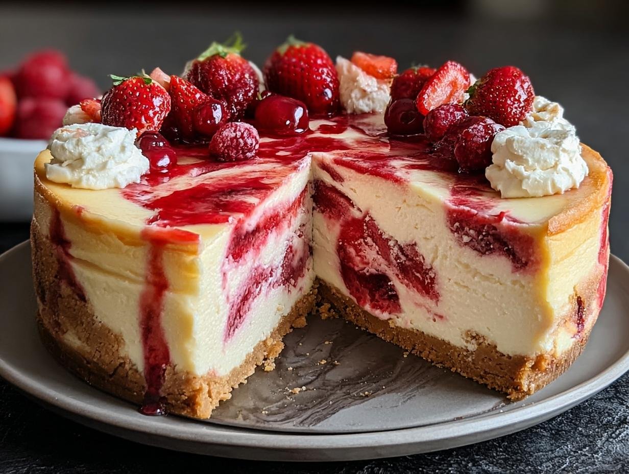 Erdbeer Swirl Kasekuchen Ein - finished cake on a cake stand, ready to serve