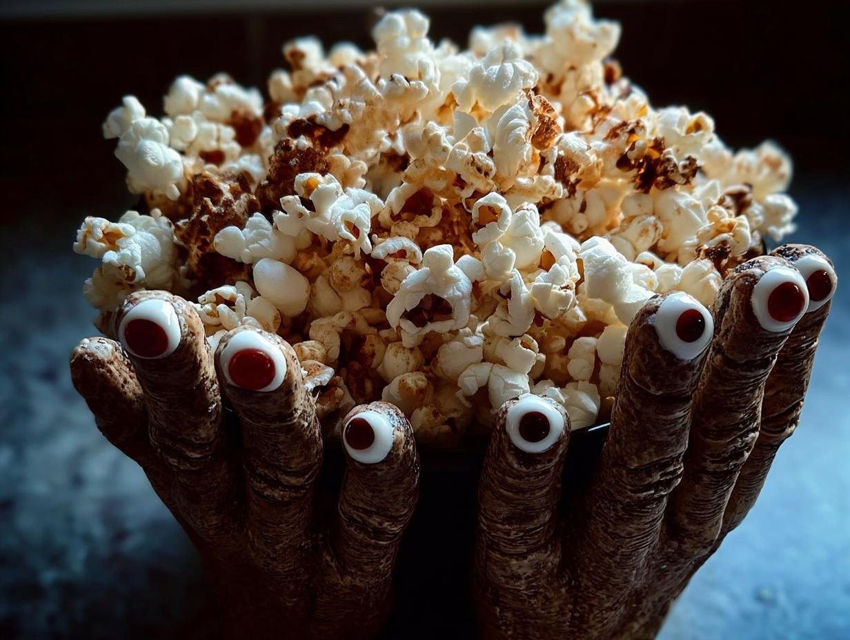 Grusel Hande Aus Popcorn: Griezelige popcorn handen gemaakt met chocolade en popcorn