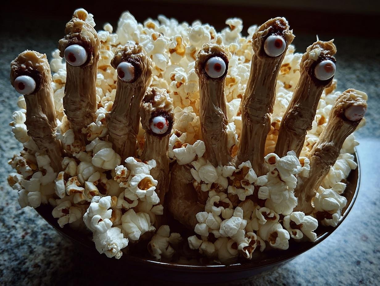 Grusel Hande Aus Popcorn: Gedetailleerde close-up van de griezelige popcorn handen met versieringen
