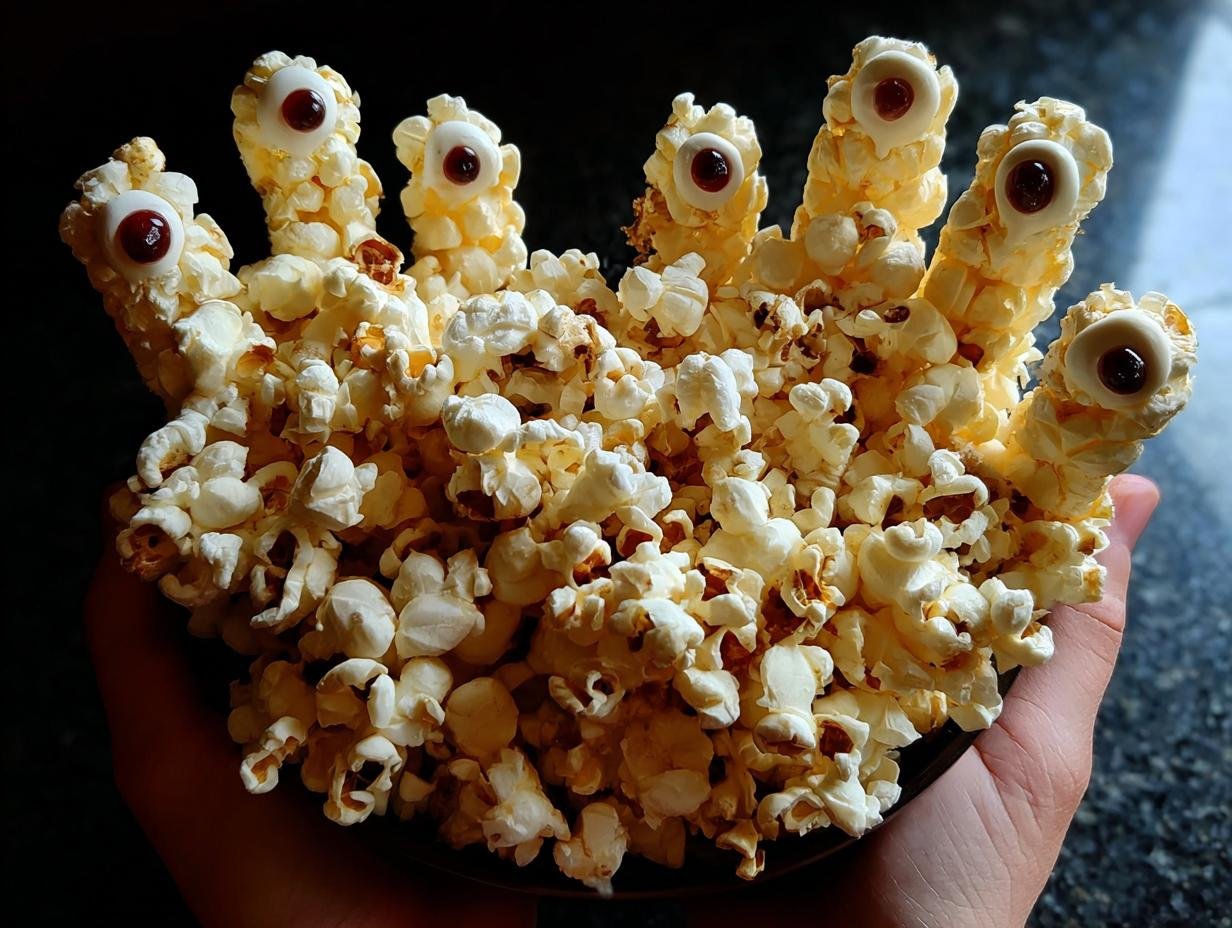 Grusel Hande Aus Popcorn: Close-up van de griezelige popcorn handen met suiker eitjes als nagels