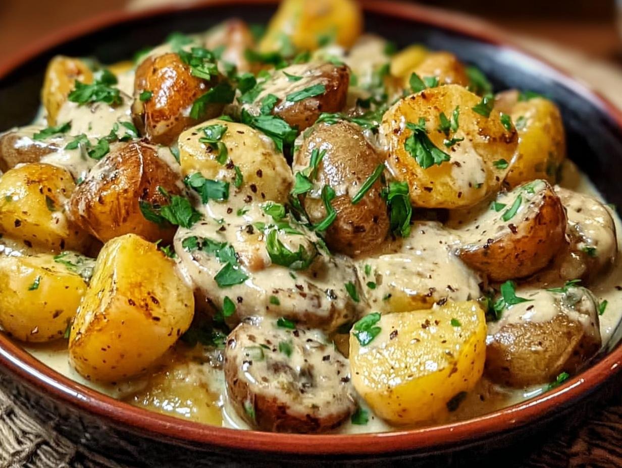 Romige Kartoffeln Mit Knoblauch Sahnesauce - Kartoffeln Mit Knoblauch Sahnesauce - close-up of creamy potato dish