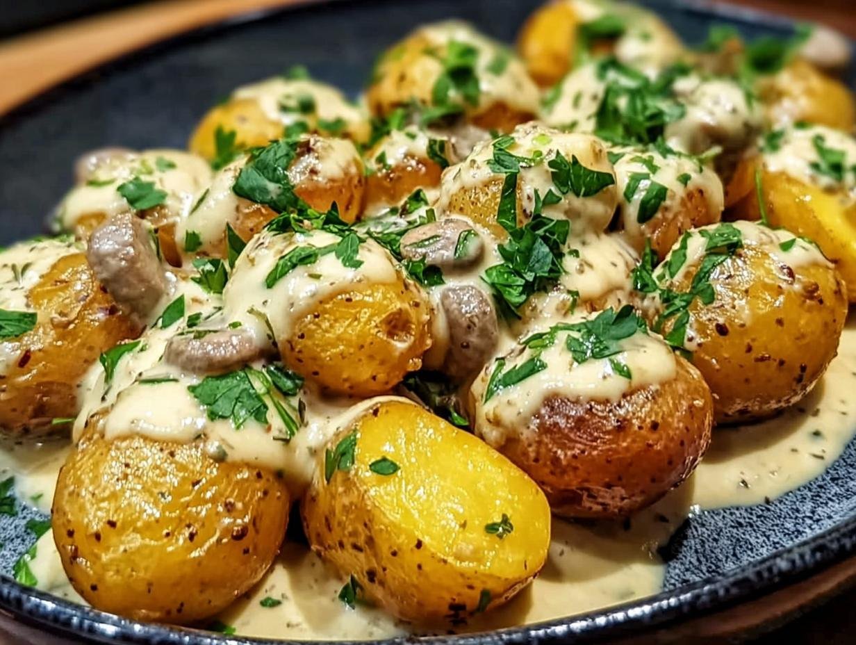Romige Kartoffeln Mit Knoblauch Sahnesauce - Kartoffeln Mit Knoblauch Sahnesauce - serving suggestion with fresh parsley