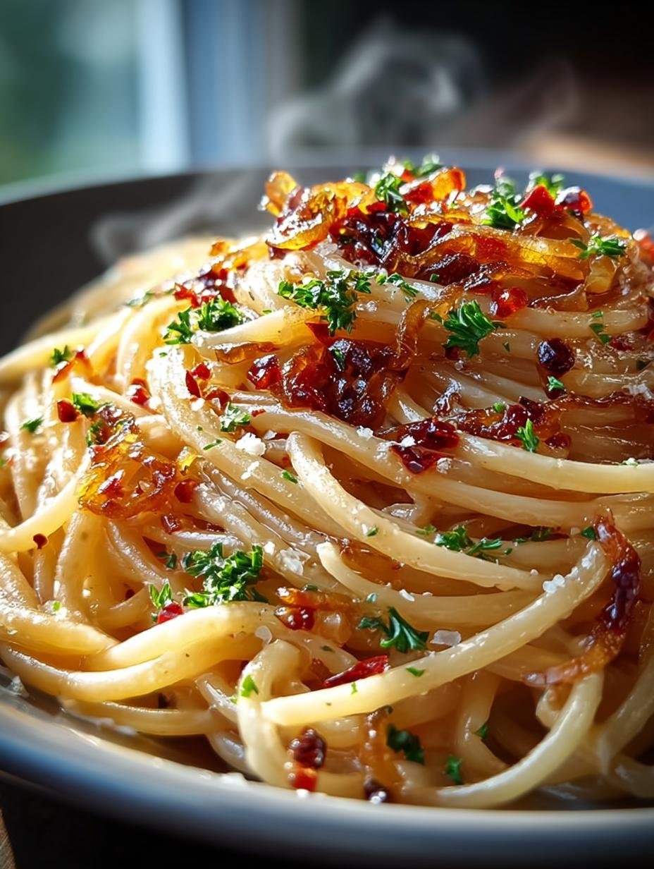 Close-up van Gekarameliseerde Uienpasta met Chili Olie, perfect gegaard en klaar om te serveren