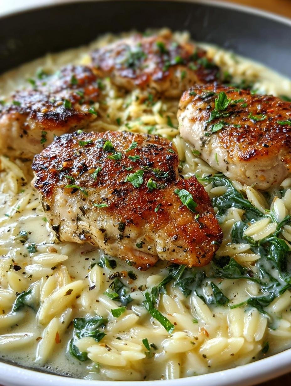 Romige Knoflook Kruiden Kip in 1 pan - Creamy Garlic Herb Chicken - close-up van de romige saus en orzo