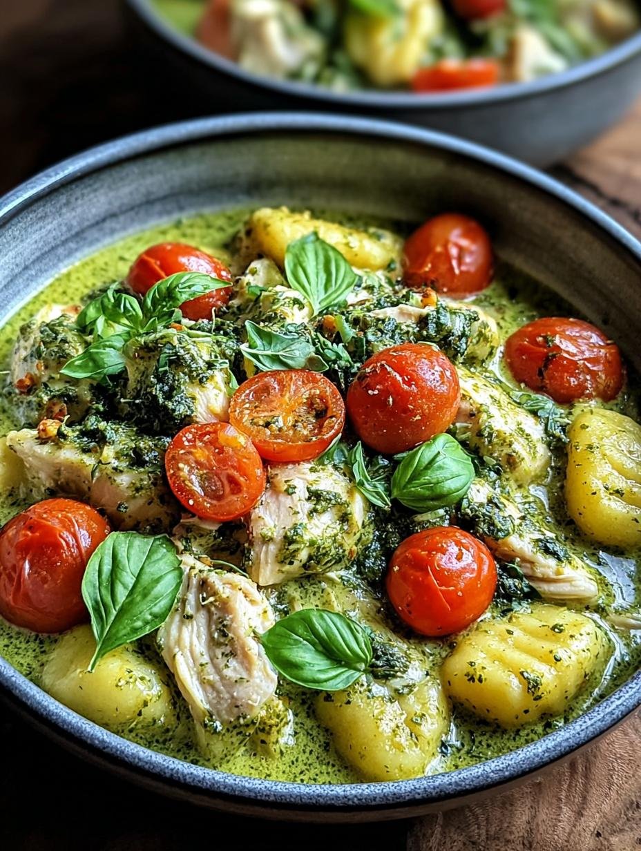 Romige One-Pot Pesto: 1 Pan, Epische Smaak! - Creamy One Pot Pesto - close-up van de romige pesto gnocchi met kip en spinazie