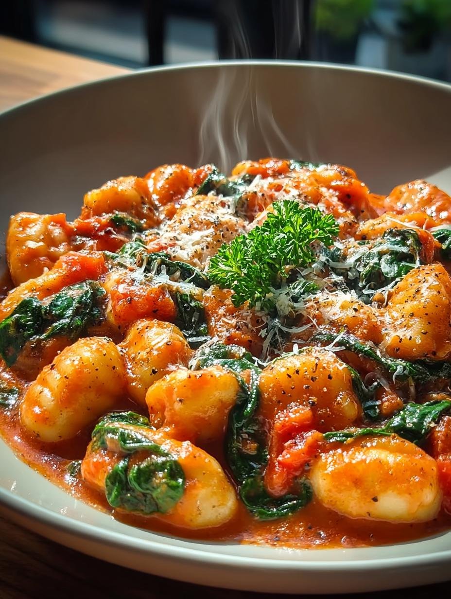 Heerlijke Romige Tomaten Spinazie Gnocchi in een kom, klaar om te serveren, met verse basilicum en Parmezaanse kaas