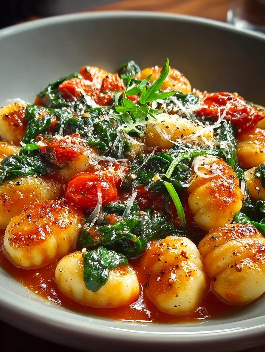 Close-up van Romige Tomaten Spinazie Gnocchi in een pan, de gnocchi bedekt met rijke, romige saus en verse spinazie