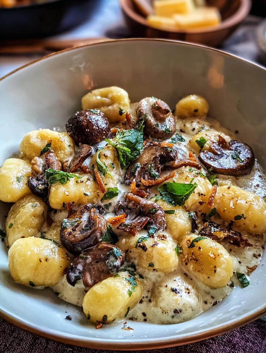 Close-up van Cremige Ziegenkase Pilz Gnocchi in een pan, klaar om geserveerd te worden