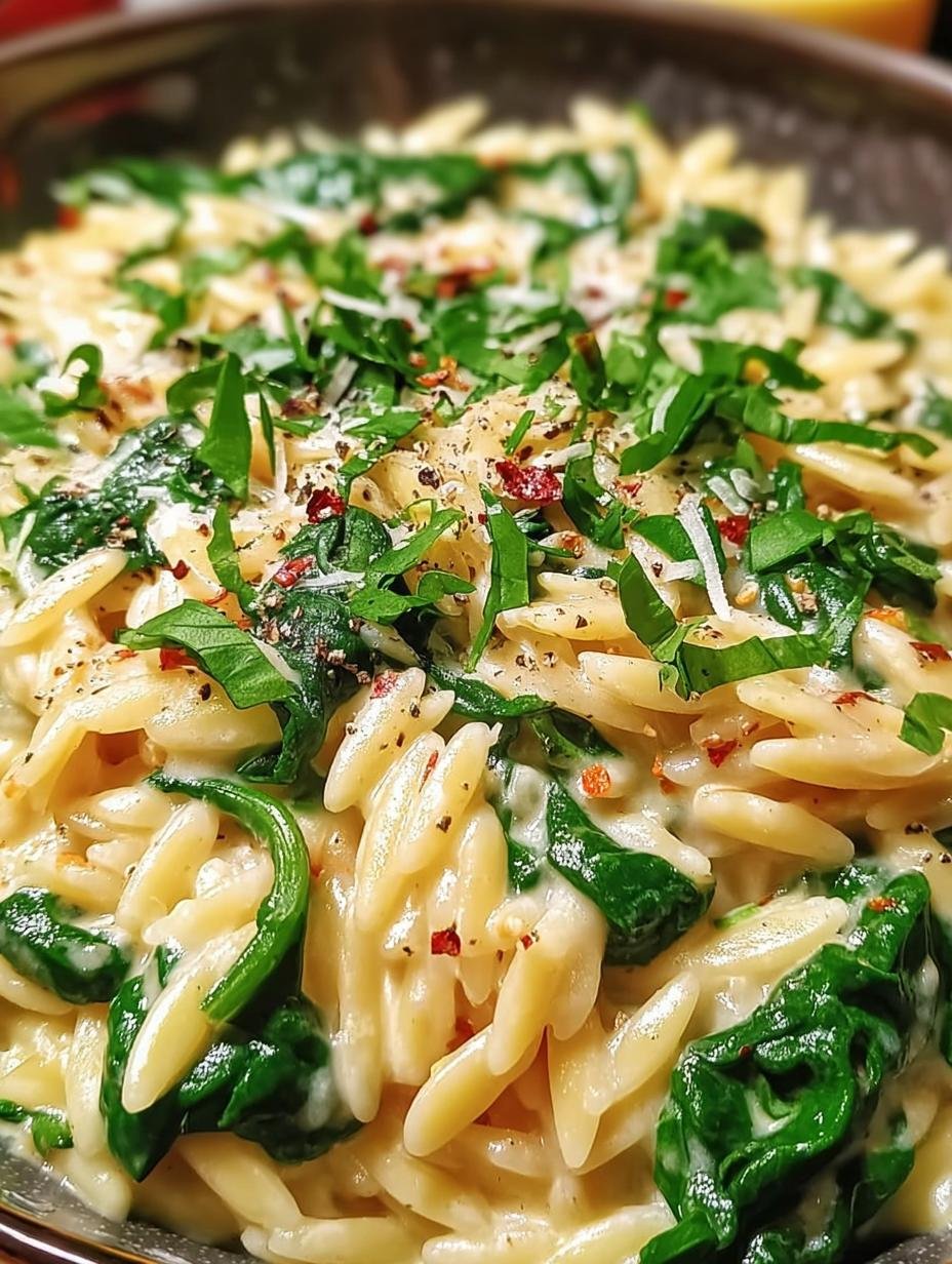 Cremiger Knoblauch Parmesan Spinat: 25 Min. Geweldig Genot - Close-up van romige knoflook spinazie met orzo en kaas