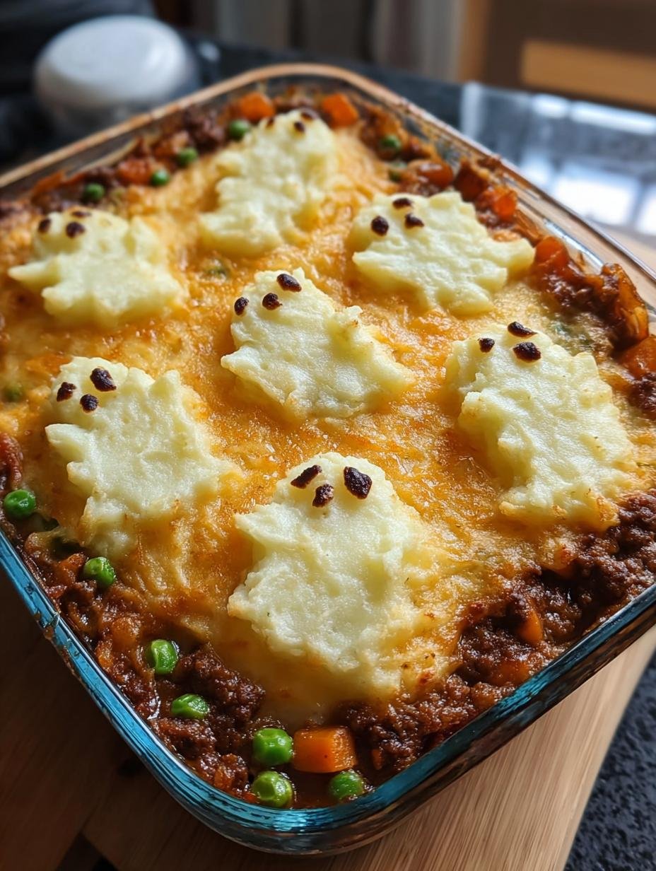 Gruseliger Schaeferkuchen: Een griezelig lekkere herderspastei met spookjes van aardappelpuree, perfect voor Halloween