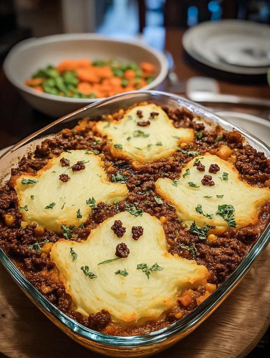 Gruseliger Schaeferkuchen: Close-up van de griezelige herderspastei met perfect gevormde aardappelspoken en peperkorrelogen