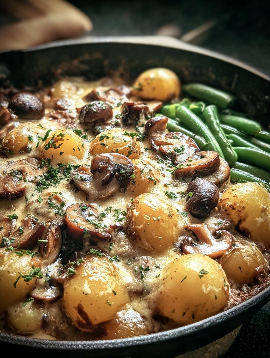 Verbluffende Kartoffel Pilz Pfanne Mit, rijk gevuld met goudbruine aardappelen, perfect gebakken champignons en knapperige sperziebonen, klaar om te serveren.