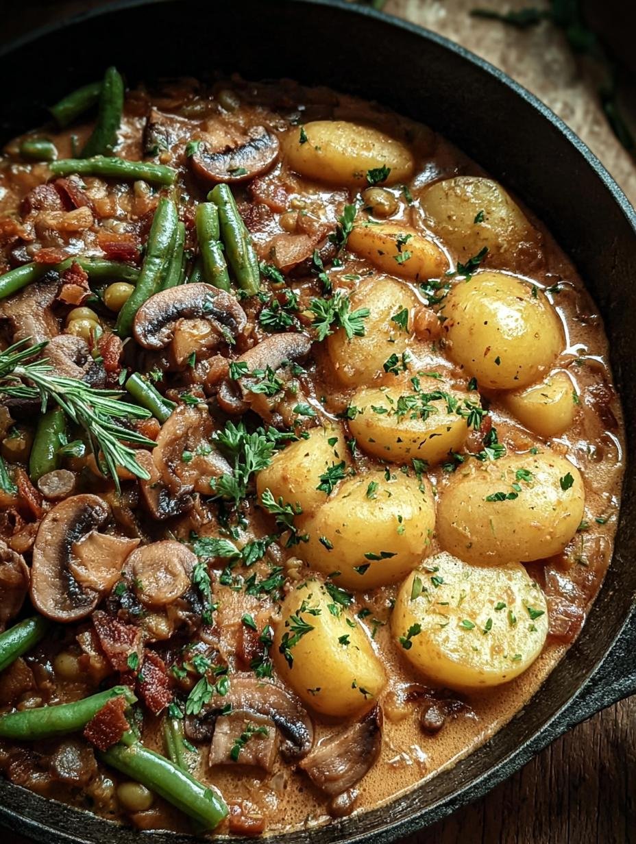 Close-up van de romige Kartoffel Pilz Pfanne Mit, met perfect gegaarde aardappelen, glanzende champignons en groene sperziebonen, bestrooid met verse peterselie.