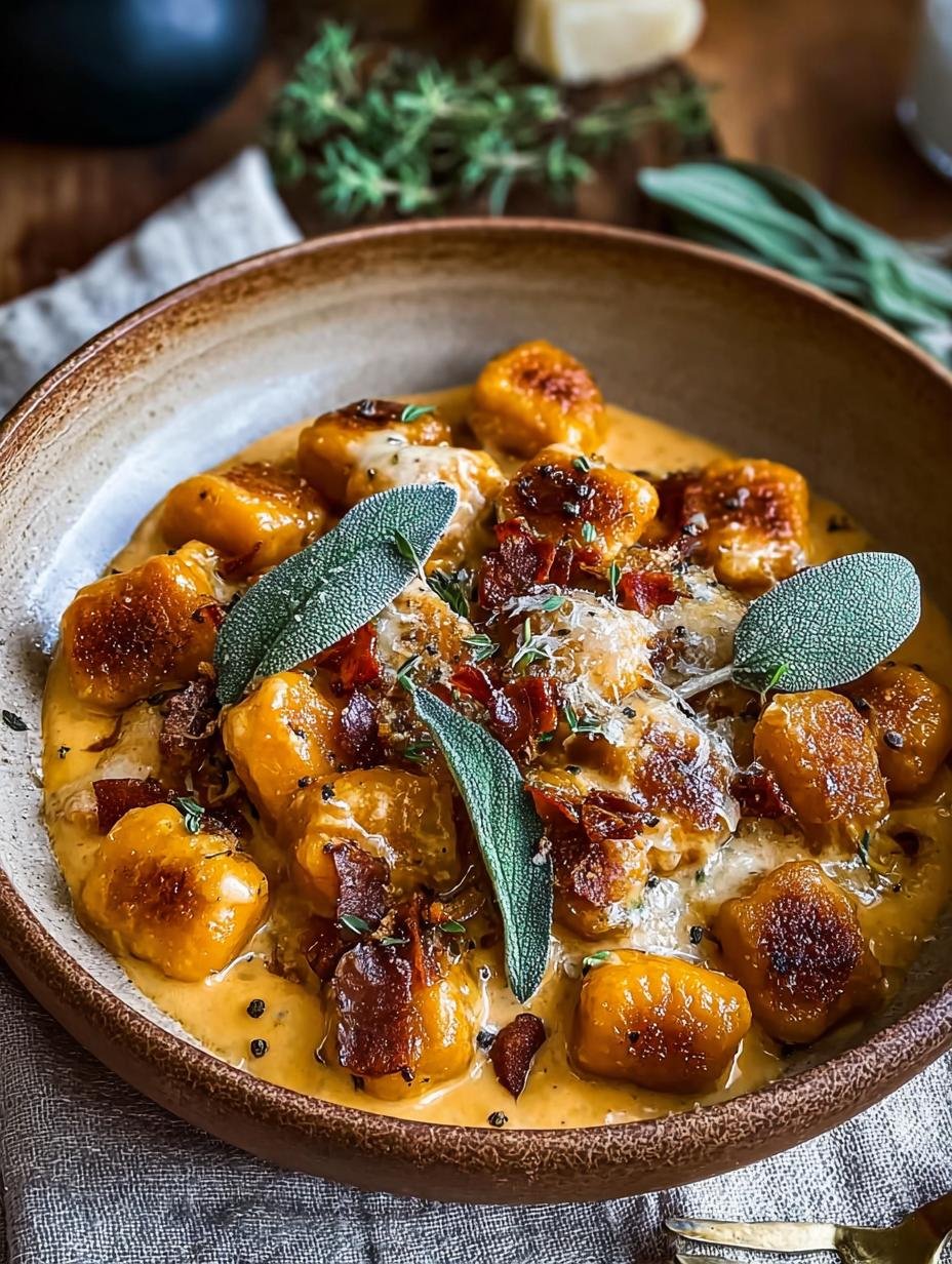 Knusprige Gnocchi Met Wurst: 600 kcal puur genot! - Knapperige gnocchi met worst en romige pompoensaus in een pan, klaar om te serveren
