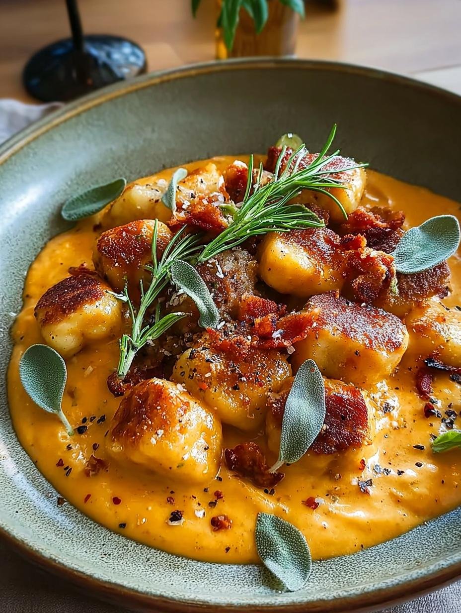 Knusprige Gnocchi Met Wurst: 600 kcal puur genot! - Close-up van knapperige gnocchi met worst en pompoensaus, gegarneerd met peterselie