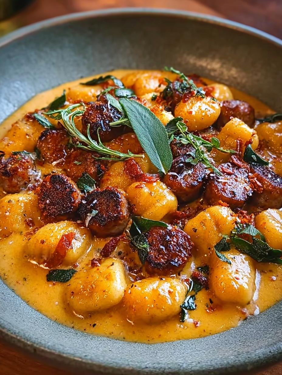 Knusprige Gnocchi Und Wurst: 1 zalige hap! - Knusprige Gnocchi Und Wurst - een bord vol heerlijke knapperige gnocchi met worst en romige pompoensaus, gegarneerd met peterselie