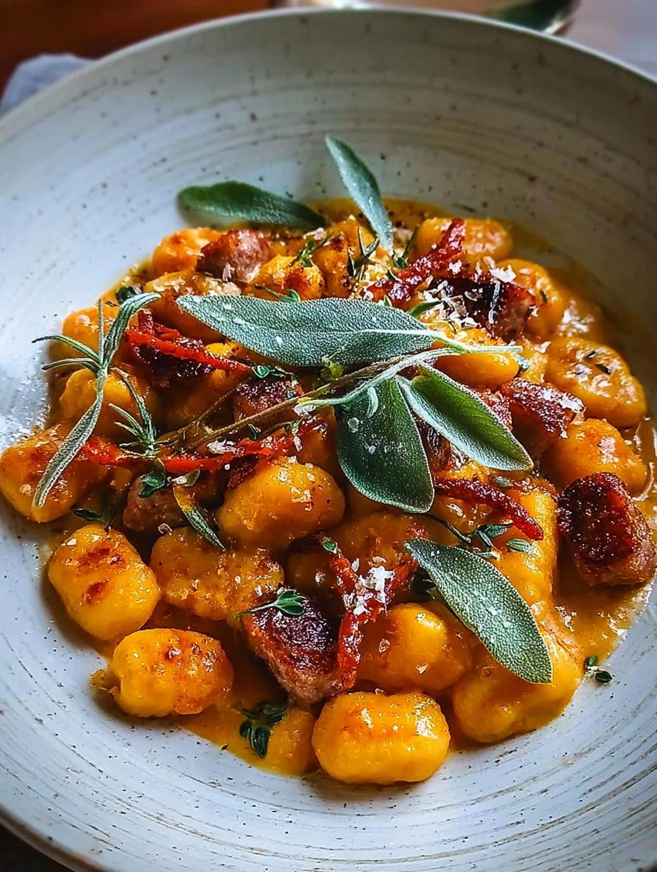 Knusprige Gnocchi Und Wurst: 1 zalige hap! - Knusprige Gnocchi Und Wurst - close-up van de knapperige gnocchi in de romige saus