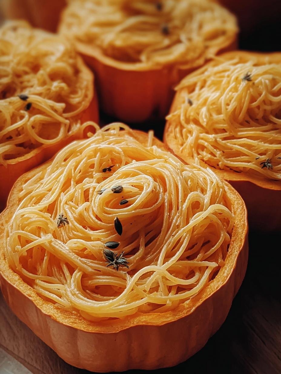 Heerlijke Kürbis Alfredo Pasta Kessel, romige pompoen pasta in een eetbare pompoenkom, klaar om te serveren