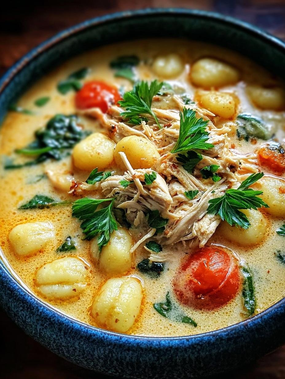 Heerlijke Leckere Slow Cooker Chicken soep met malse kip en gnocchi in een kom, klaar om te serveren.