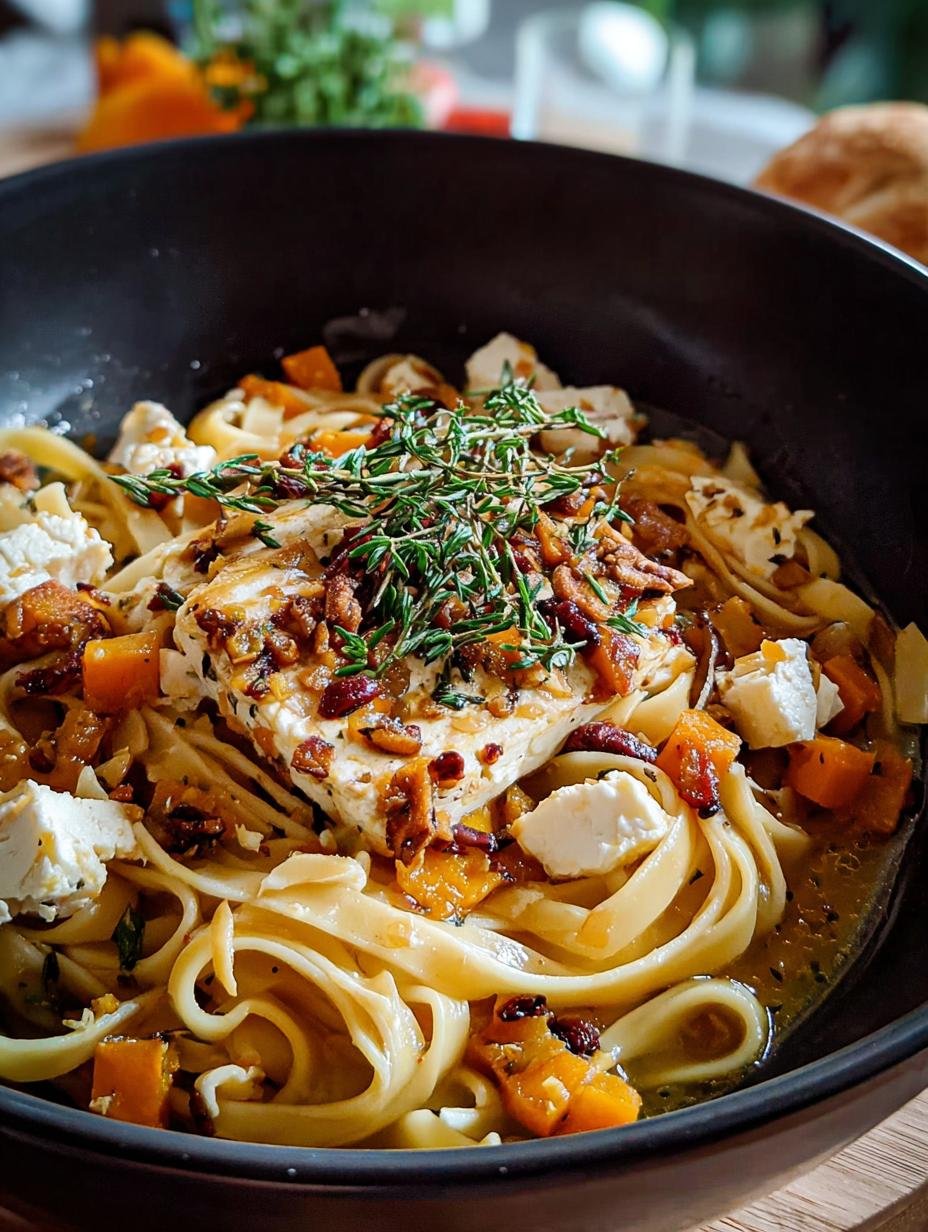 Heerlijke Linguine Potimarron Und Feta met romige pompoen en zoute feta, klaar om te serveren