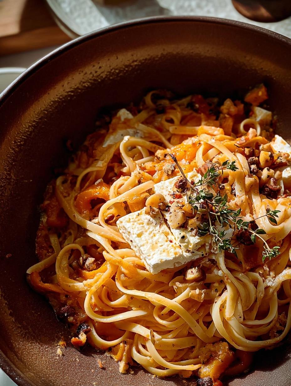 Close-up van Linguine Potimarron Und Feta met verse kruiden en geroosterde pompoenblokjes