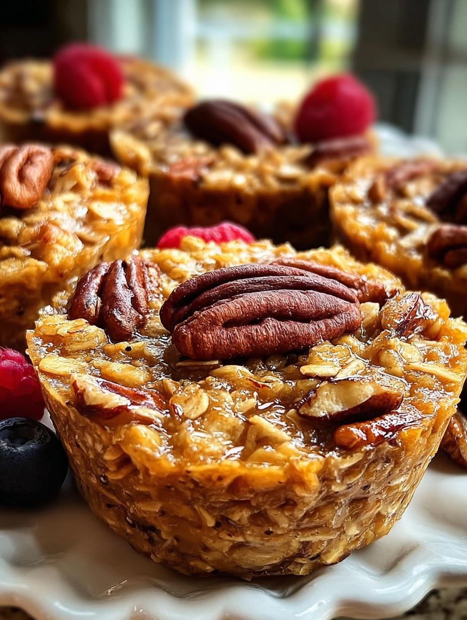 Heerlijke Maple Pecan Oatmeal Cups vers gebakken in een muffinvorm, klaar om van te genieten. Een onweerstaanbaar ontbijt.