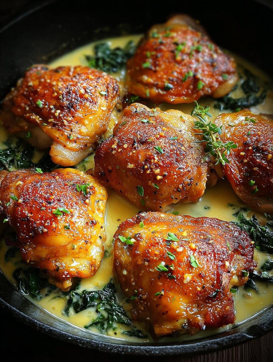 Heerlijke One Pan Creamy Garlic kipdijfilets met romige saus en verse peterselie, klaar om te serveren.