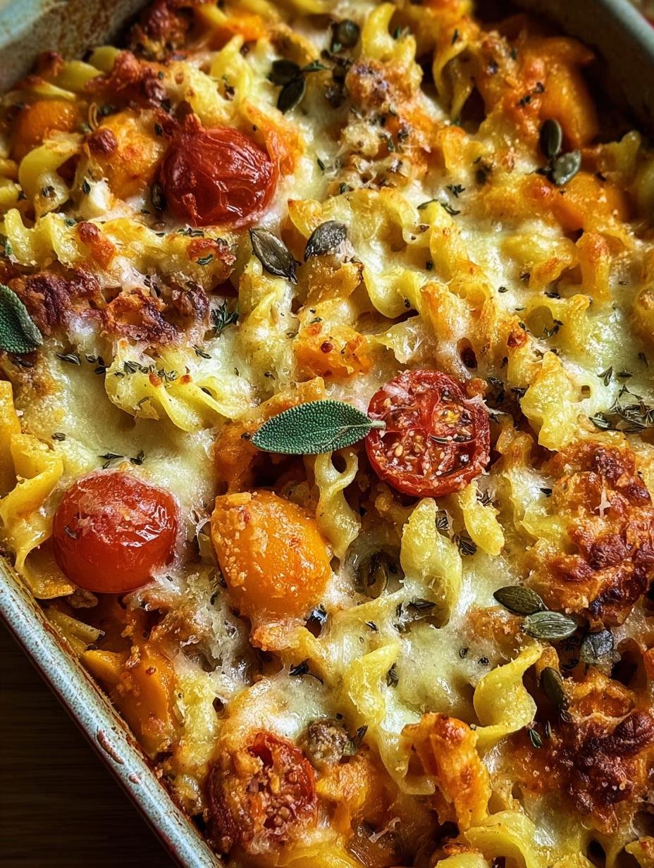 Heerlijke Pasta Auflauf Mit Kurbis met gesmolten kaas en verse peterselie, klaar om te serveren.