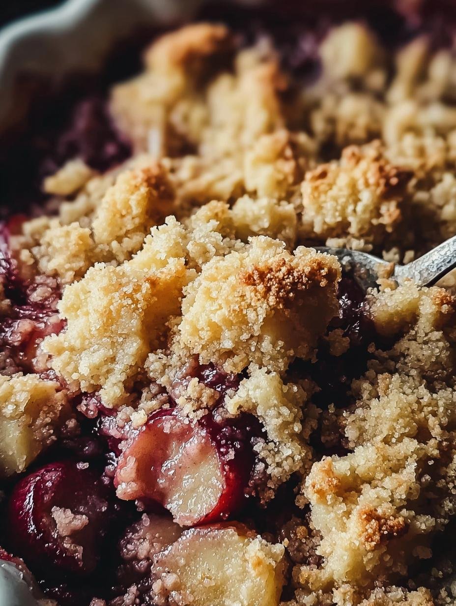 Close-up van een portie Pflaumen Crumble Ein Unglaubliches met vanille-ijs, klaar om te serveren