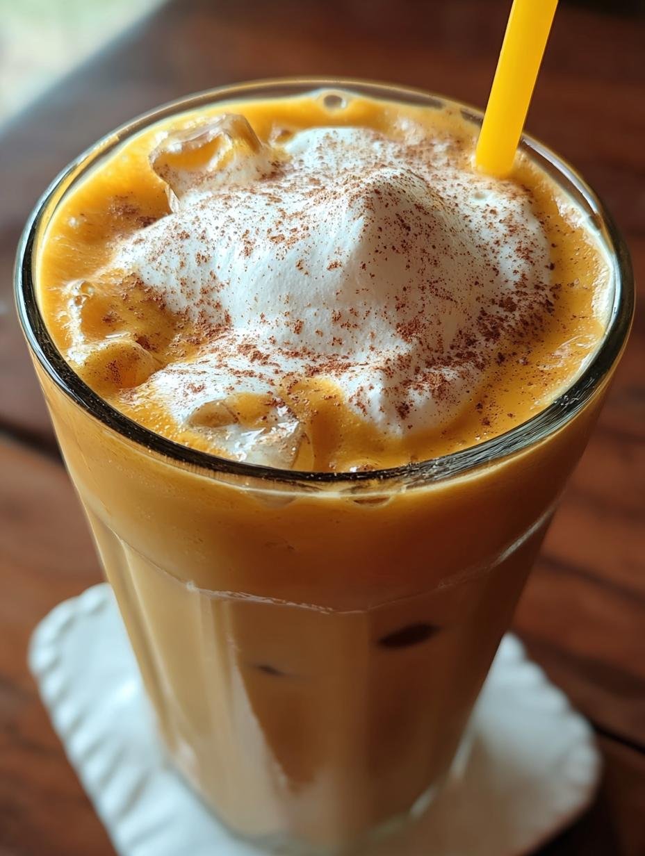 Ultieme Pumpkin Cream Cold Foam: 10 Min. Geluk - Romige Pumpkin Cream Cold Foam in een glas met ijs en koffie, gegarneerd met kruiden