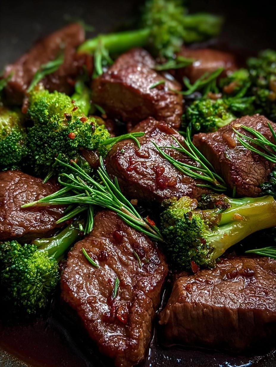 Close-up van Rindfleisch Und Brokkoli Ein, met de glanzende saus die het malse rundvlees en de levendige groene broccoli omhult.