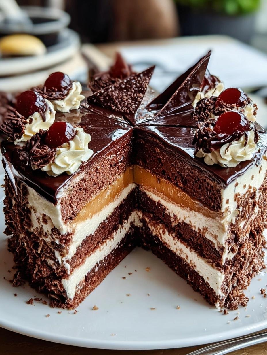 Een perfect gesneden plak Schoko Apfel Torte met een rijke chocoladeglazuur en zichtbare appelstukjes, geserveerd op een bord.