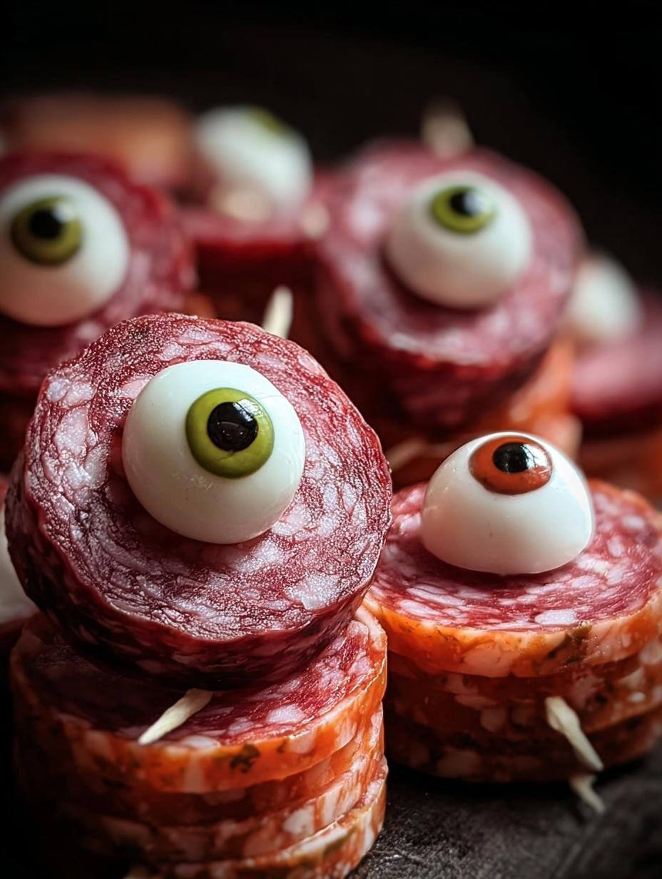 Griezelige Spiessige Salami Augen op een schaal, perfect voor een Halloweenfeest