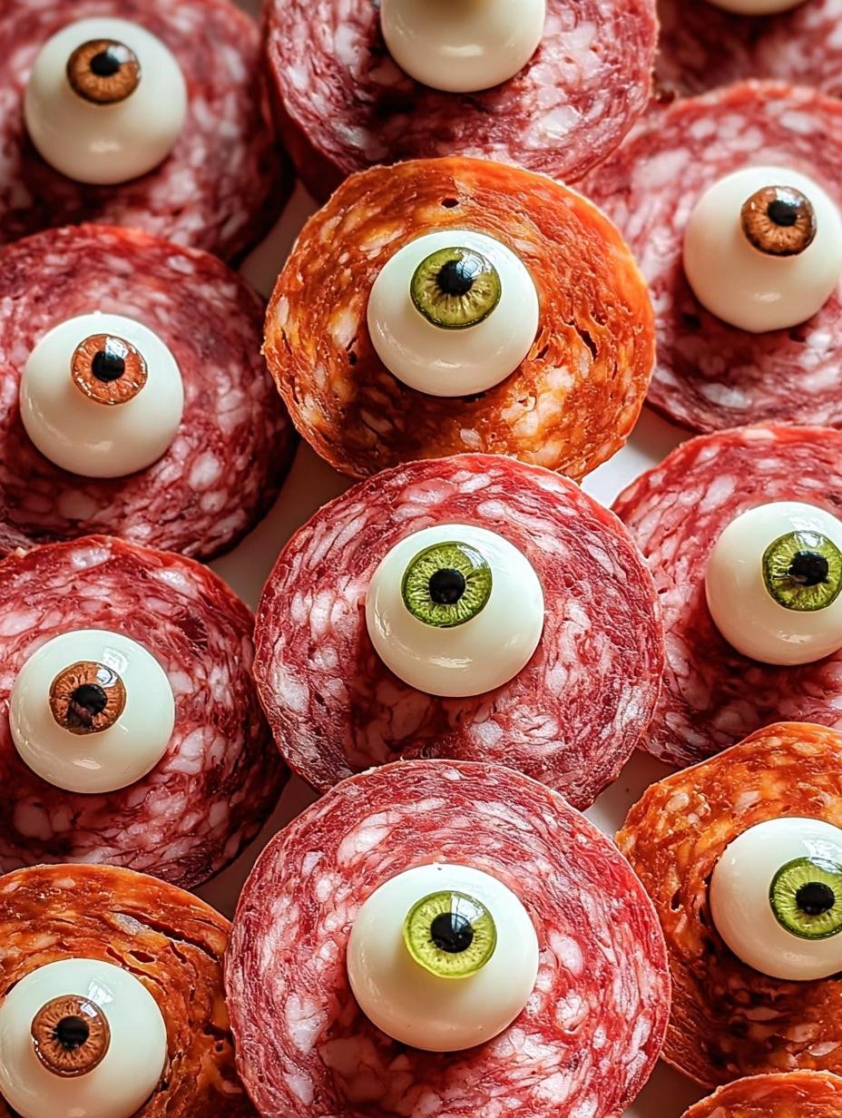 Close-up van Spiessige Salami Augen met rode paprika en olijven, klaar om te serveren