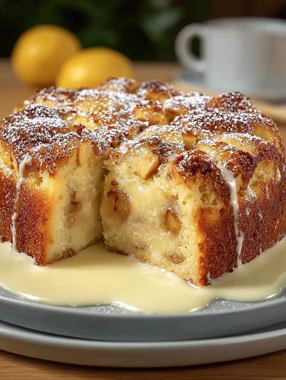 Apfelkuchen Met Vanillepudding Recept, een close-up van een gesneden stuk met romige vulling en appelstukjes