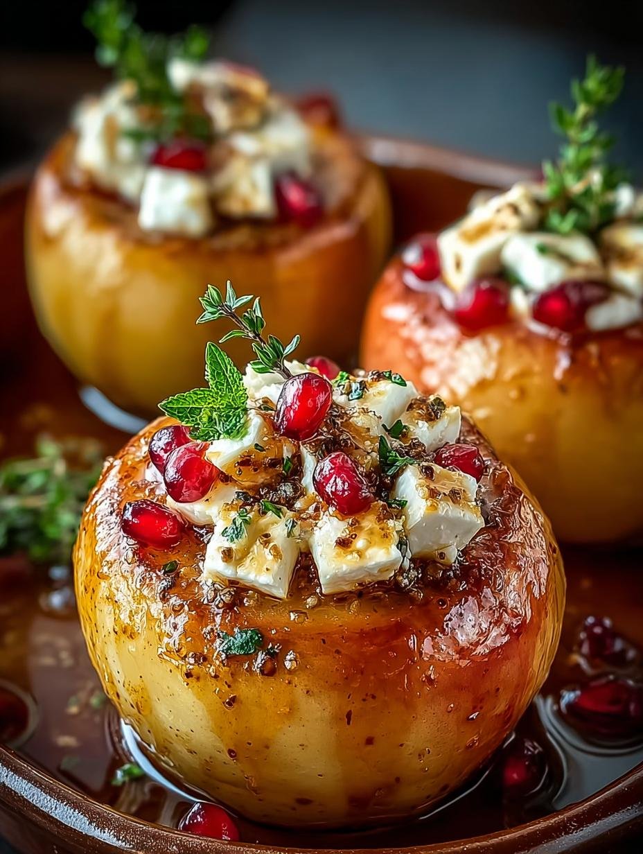 Close-up van Gebakken Appels met Feta, honing en cranberries, klaar om te serveren.