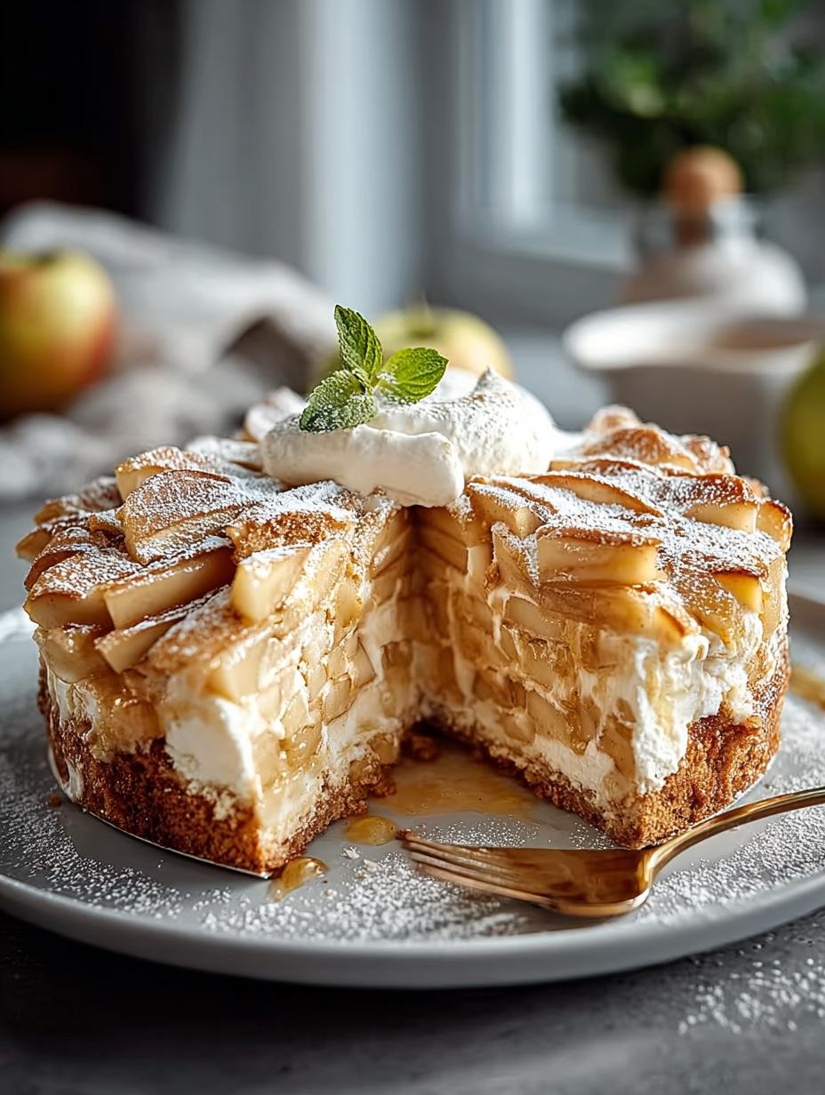 Verrukkelijke Bratapfel Himmelstorte: 1 geheim! - Een prachtig gepresenteerde Bratapfel Himmelstorte met een luchtige meringue topping en een rijke appelvulling, klaar om geserveerd te worden.