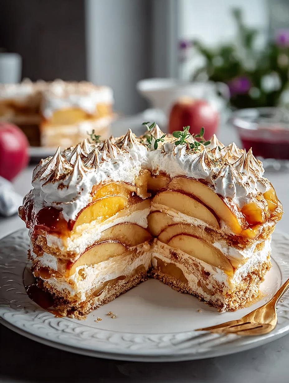 Een close-up van een plak Bratapfel Himmelstorte, met de perfecte lagen van cake, appelvulling en meringue duidelijk zichtbaar, wat de heerlijke textuurcombinatie benadrukt.