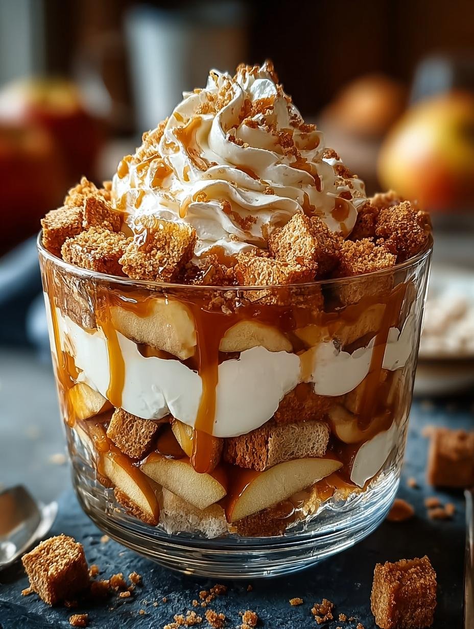 Heerlijke Bratapfel Karamell Trifle met lagen van gekaramelliseerde appels, romige mascarponecrème en lange vingers in een glas