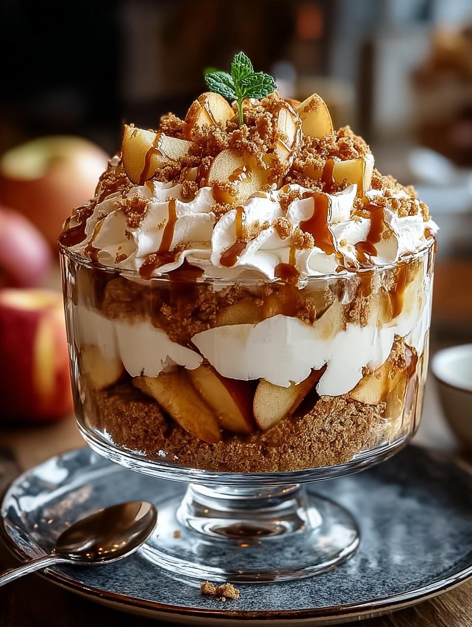 Close-up van de gelaagde textuur van Bratapfel Karamell Trifle met romige crème en gekaramelliseerde appels