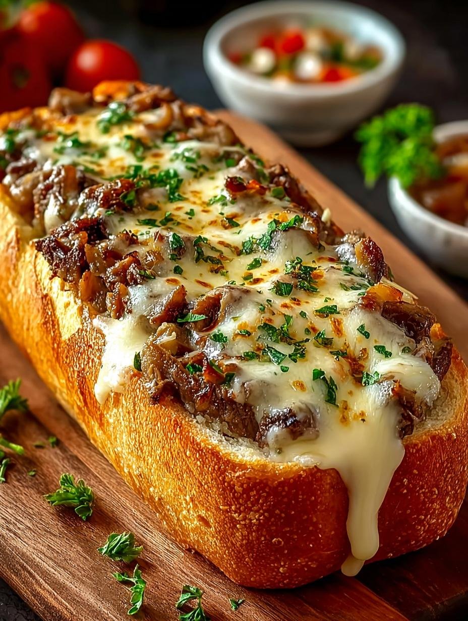 Heerlijk gesneden Cheesesteak Stuffed Garlic Bread, rijk gevuld met gesmolten kaas en hartig vlees, klaar om te serveren.
