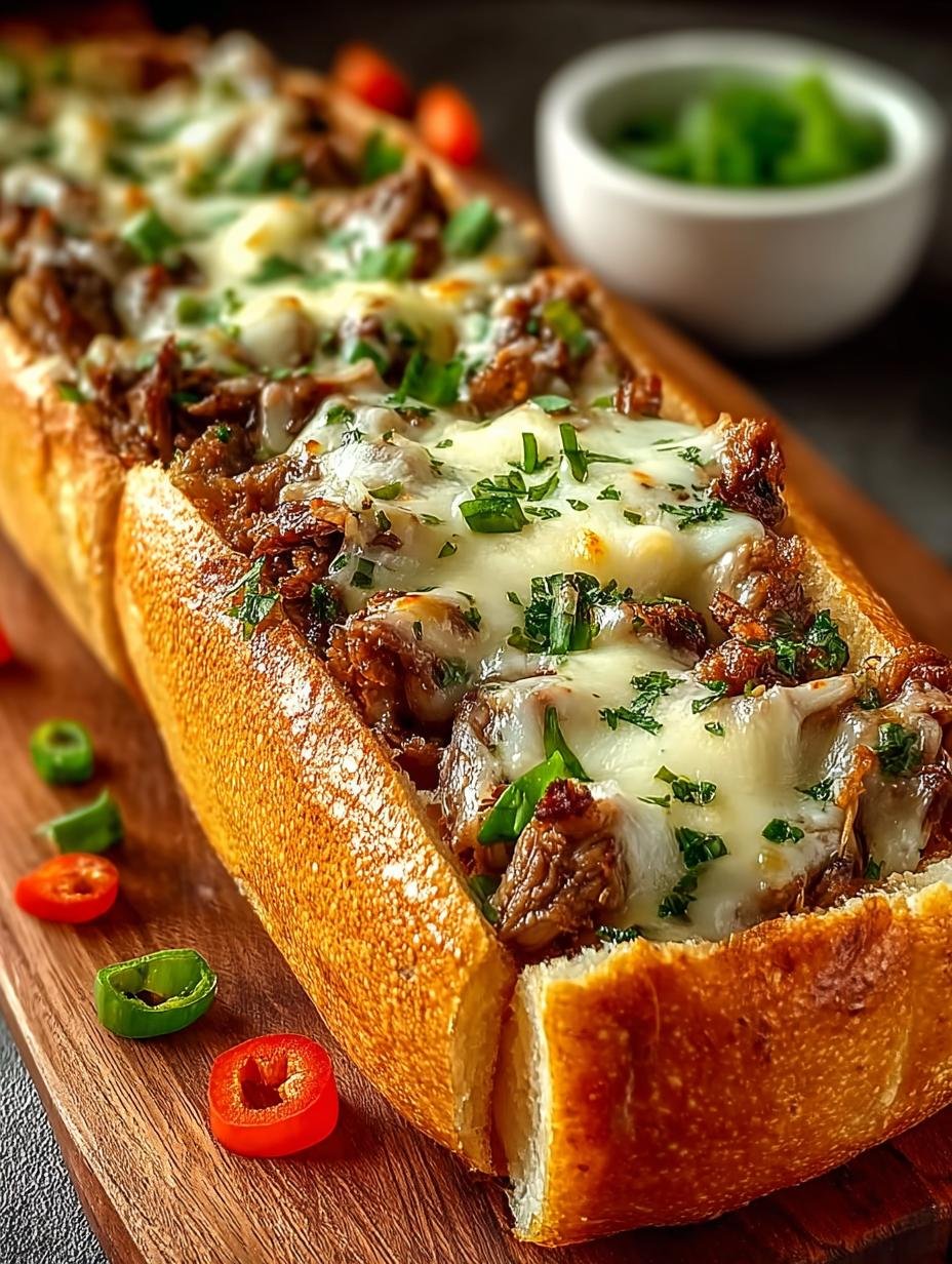 Close-up van een portie Cheesesteak Stuffed Garlic Bread, met zichtbare gesmolten kaas en kruidige vulling, op een houten plank.