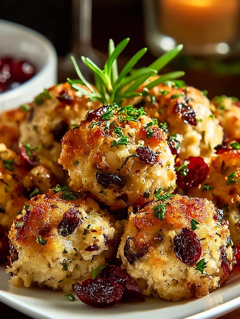 Close-up van een schaal met perfect gebakken Cranberry-Kalkoenballetjes, gegarneerd met verse kruiden. Een onweerstaanbaar Einfaches Rezept Fuer Cranberry.