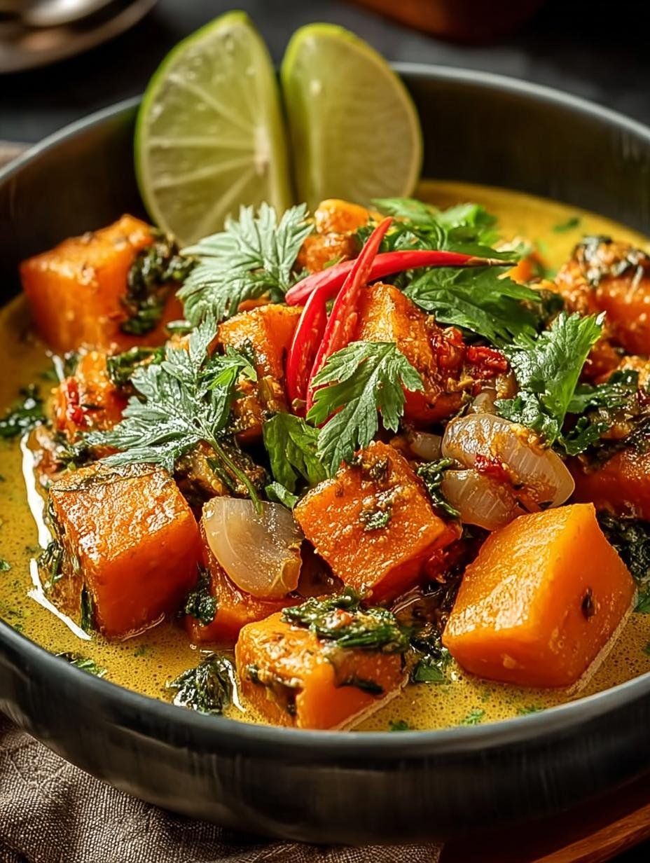 Heerlijk romig Einfaches Thailaendisches Kuerbis Curry met verse koriander en kokosmelk