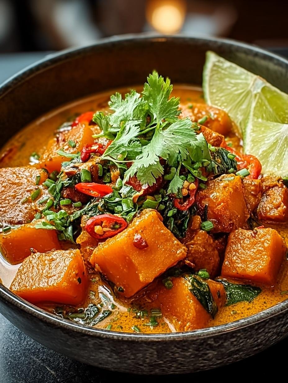 Snel en eenvoudig Einfaches Thailaendisches Kuerbis Curry in een kom, klaar om te serveren