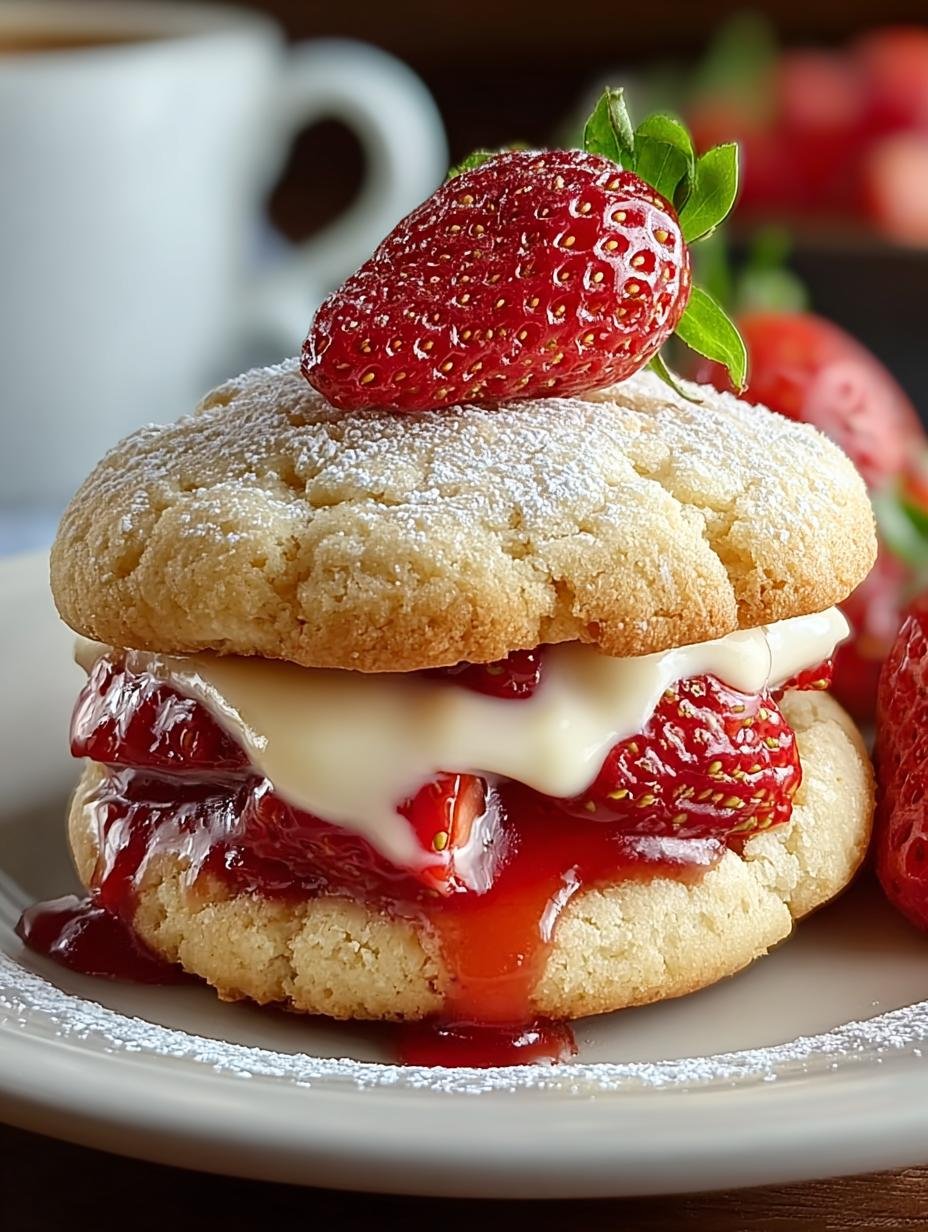 Close-up van Erdbeer Kaesekuchen Kekse met glanzende aardbeien en romige vulling