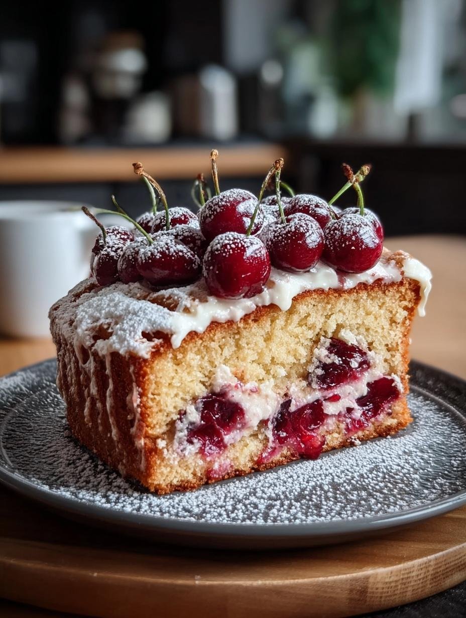 Close-up van een plak Fruchtige Zimt Kirsch Torte met lagen cake, kersen en slagroom