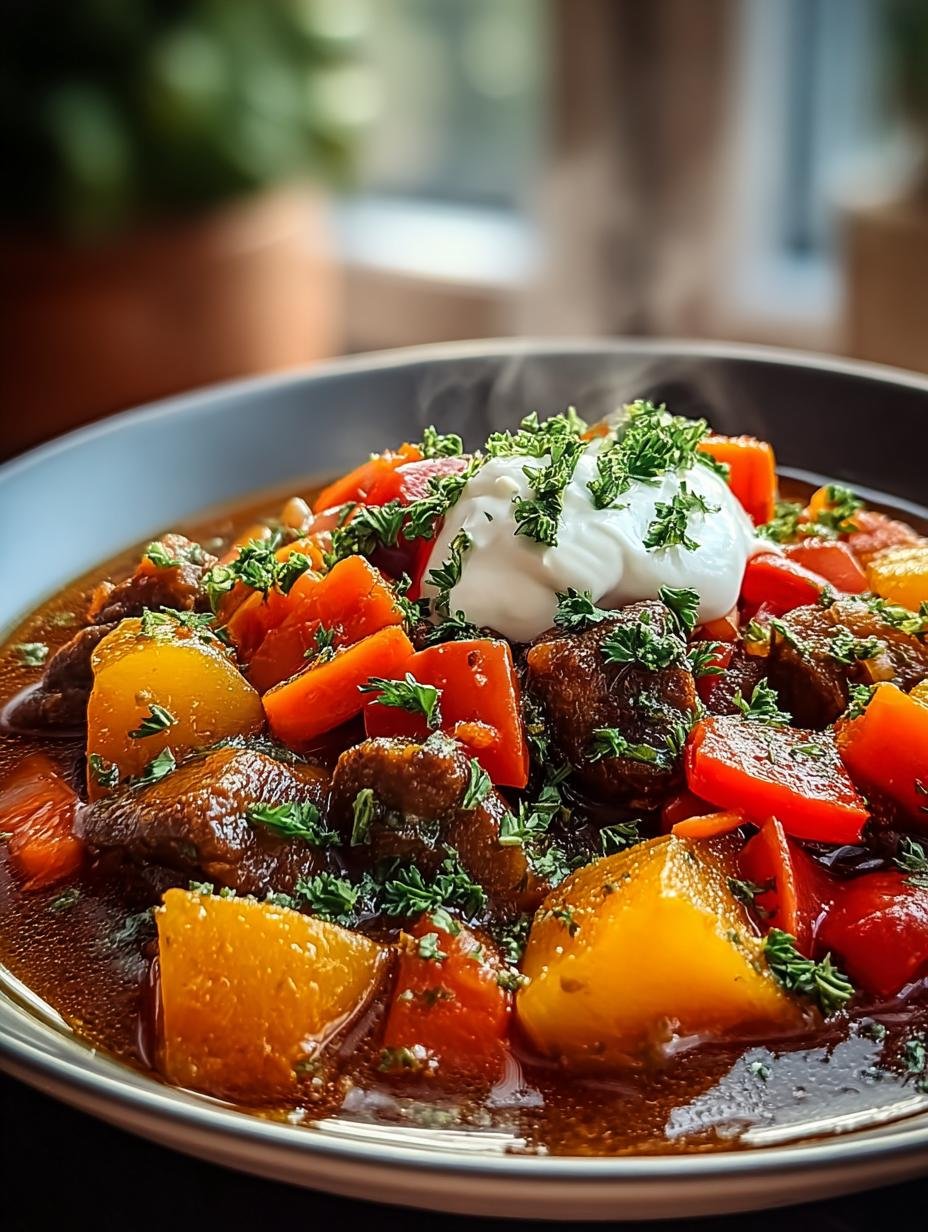 Heerlijk Gemüsegulasch met verse groenten en romige saus, klaar om te serveren